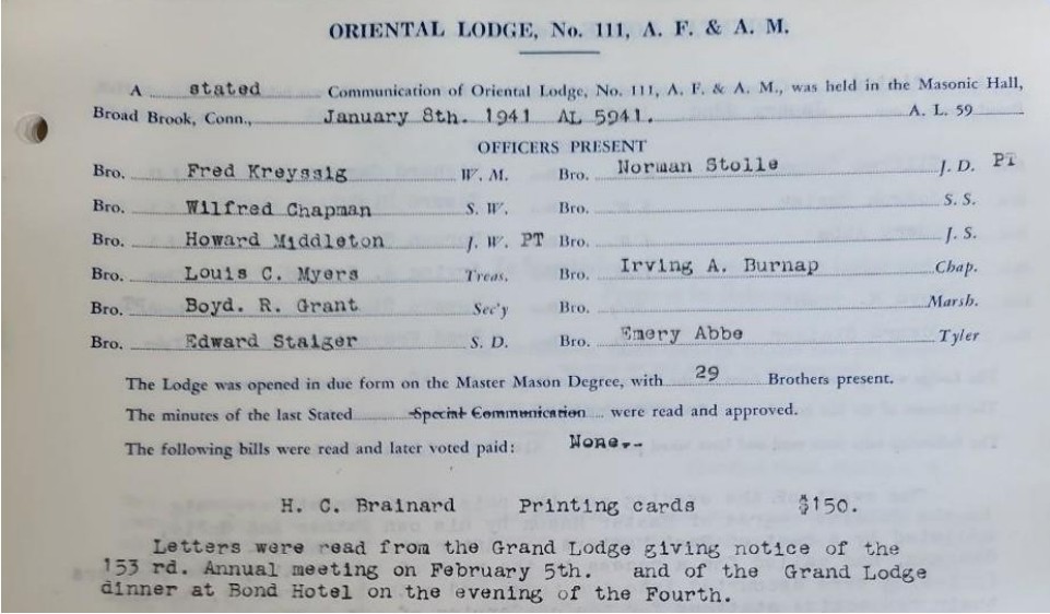 The Activities of Oriental Lodge No. 111, A.F. & A.M. (Broad Brook, Connecticut) during the Second World War